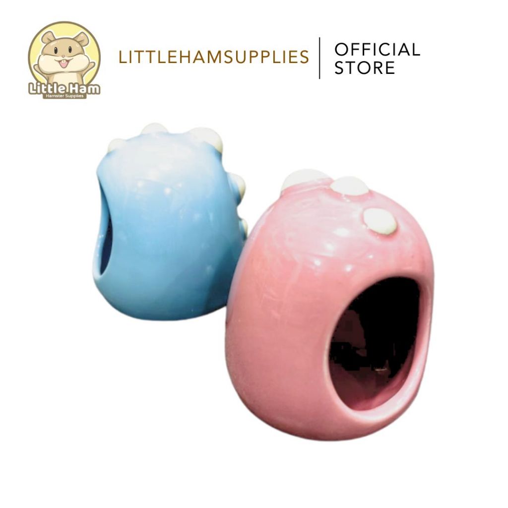 Small Ceramic Hamster Hideout for Dwarf Hamsters Dino design Pink / Blue