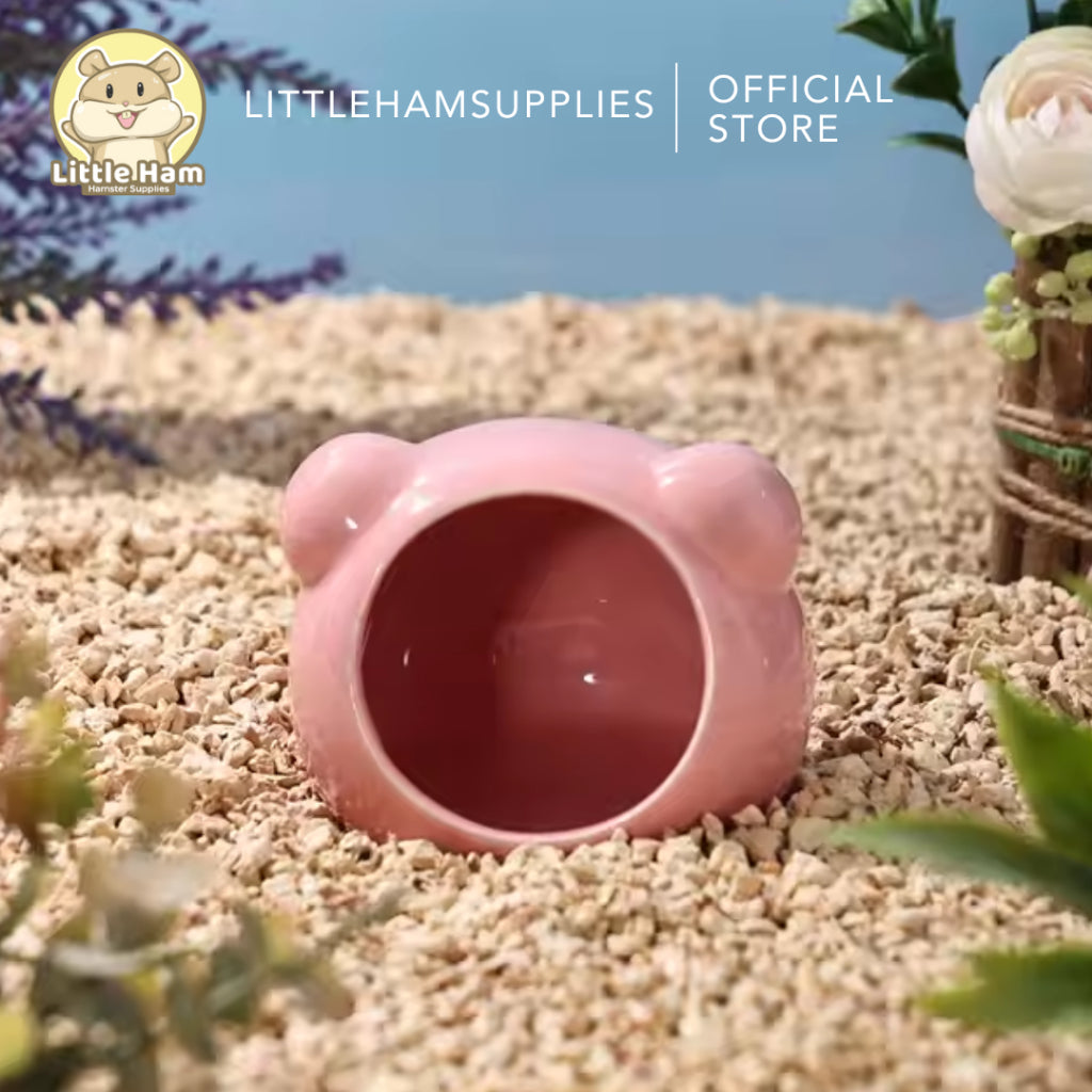 BUCATSTATE Big Mouth Bear Shape Ceramic Hamster Hideout for Small Animal Pink