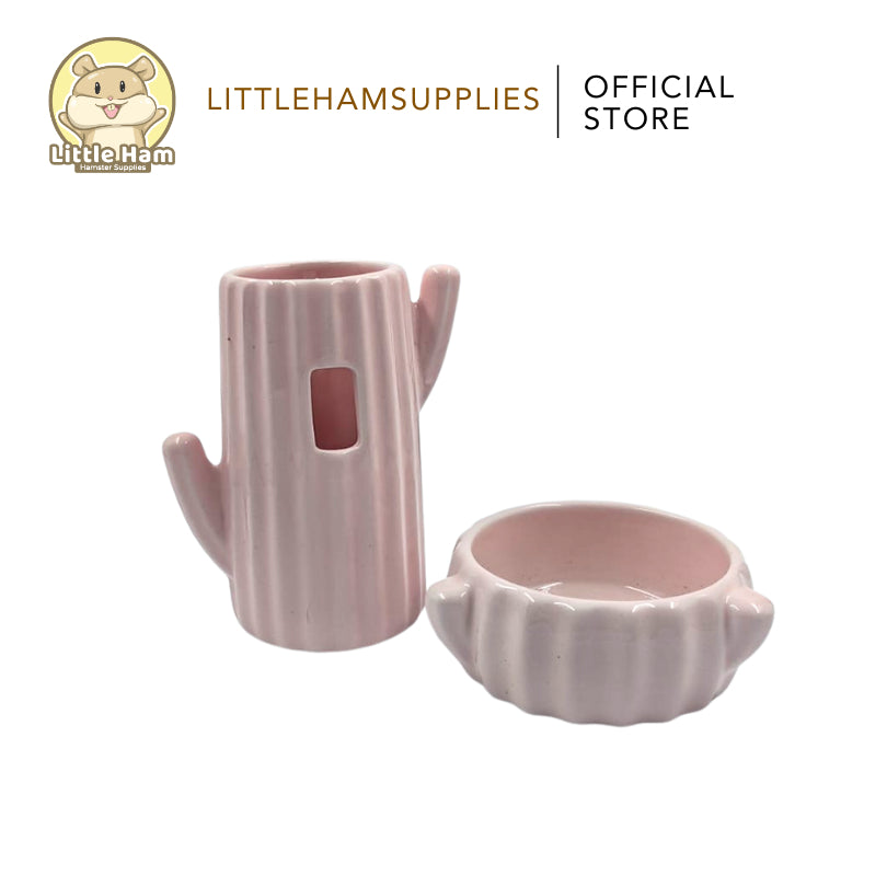 Bucatstate Pink Cactus Set Ceramic Food Dish Feeding Bowl & Water Bottle Holder Hamster & Small Pets